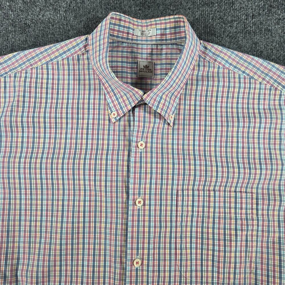 Peter Millar Button Down XL Fit= 2XL Short Sleeve Shirt Mens Cotton Plaid Preppy